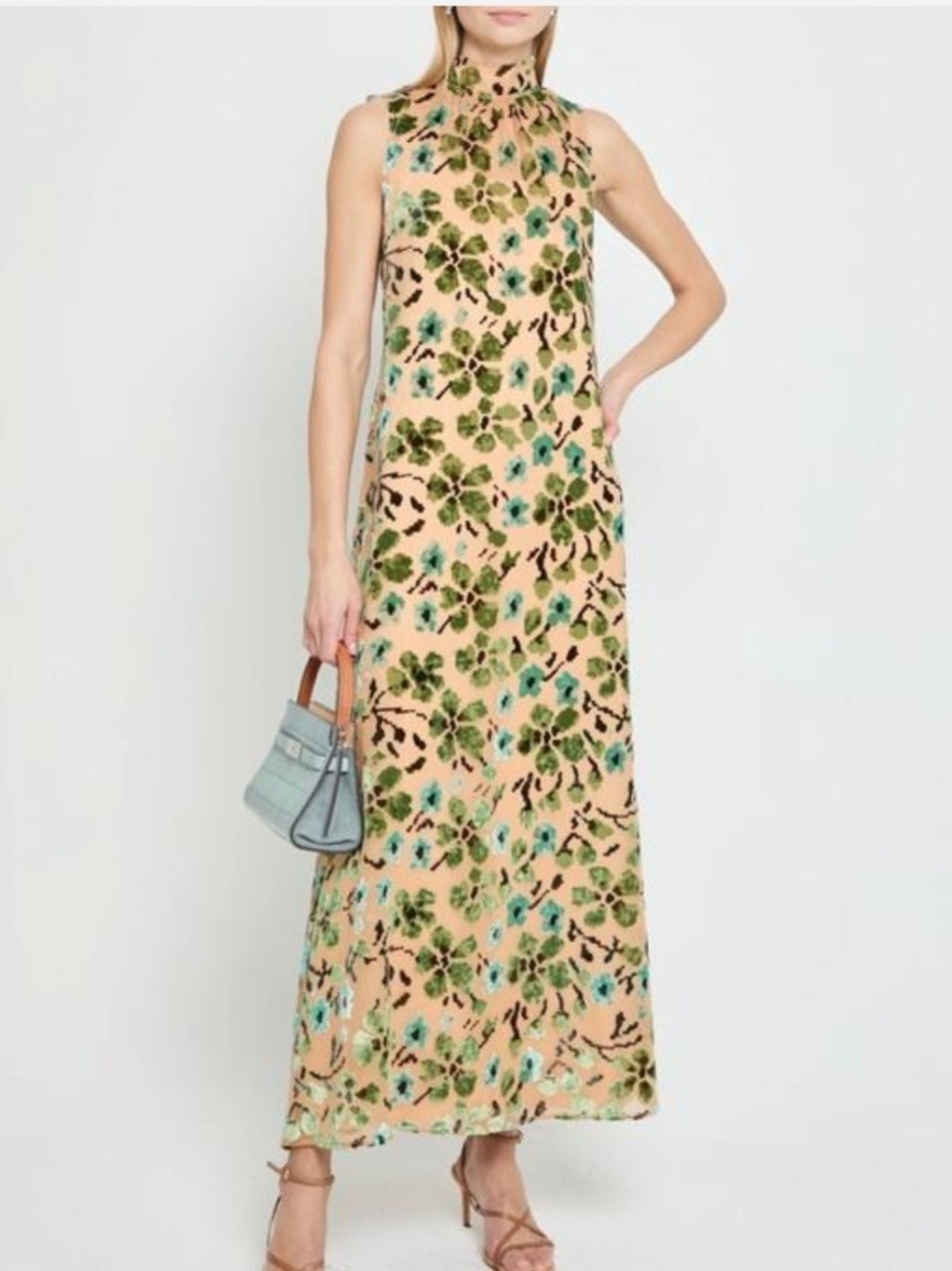NWT: Few Moda O.P.T. Sleeveless Peach Floral Maxi Dress with High Neck